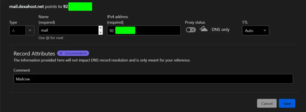 Mailcow - Setting A Record
