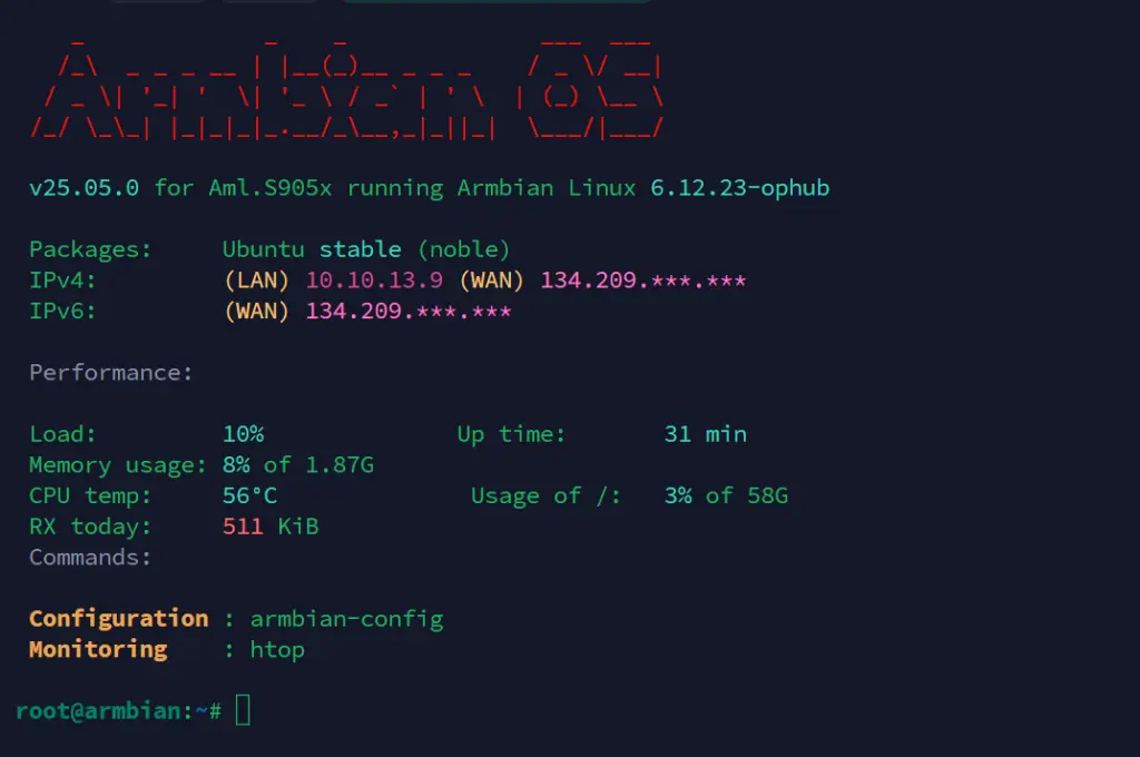 Install Armbian - Tampilan Awal Selesai Setup