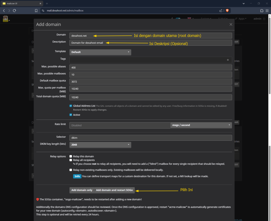 Mengisi Nama Domain Email