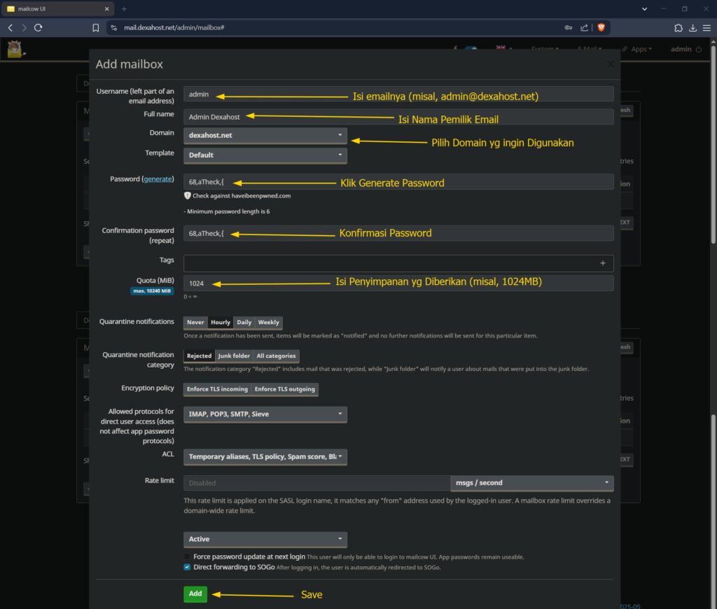 Menambah Mailboxes Admin Dexahost