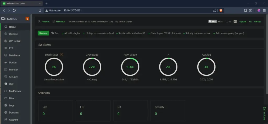 Berhasil Login ke Dashboard Aapanel