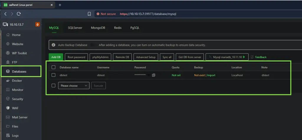 Berhasil Membuat Database Baru di Aapanel STB